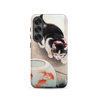 Cat and Goldfish Bowl - Ohara Koson Phone Case Samsung Galaxy S25 / Matte Black White Cat Red Bow Adorns Phone Case Koson Iphone Case,