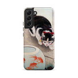 Cat and Goldfish Bowl - Ohara Koson Phone Case Samsung Galaxy S22 Plus / Matte Black White Cat Phone Case Red Bow Detailed Koson Iphone