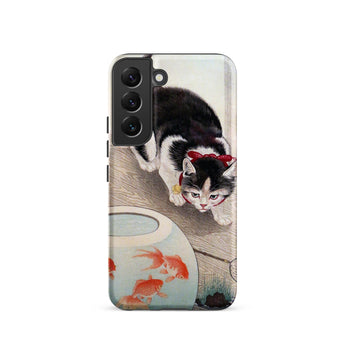 Cat and Goldfish Bowl - Ohara Koson Phone Case Samsung Galaxy S22 / Matte Black White Cat Red Bow Neck Depicted Phone Koson Iphone Case,