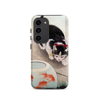 Cat and Goldfish Bowl - Ohara Koson Phone Case Samsung Galaxy S23 / Matte Black White Cat Red Bow Neck Depicted Phone Koson Iphone Case,