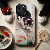 Cat and Goldfish Bowl - Ohara Koson Phone Case Black White Cat Red Bow Neck Depicted Phone Koson Iphone Case, Ohara Koson’s Feline Tableau,