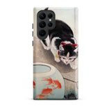 Cat and Goldfish Bowl - Ohara Koson Phone Case Samsung Galaxy S22 Ultra / Matte Black White Cat Red Bow Neck Depicted Illustrated Koson