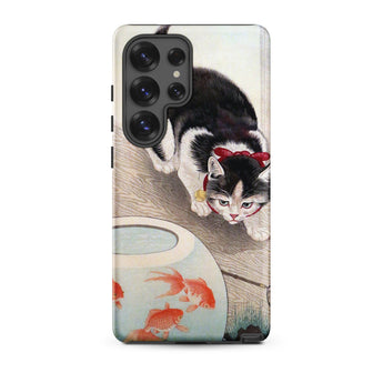 Cat and Goldfish Bowl - Ohara Koson Phone Case Samsung Galaxy S25 Ultra / Matte Black White Cat Red Bow Tie Depicted Illustrated Koson