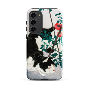 Cat with Tomato Plant - Hiroaki Takahashi Phone Case Samsung Galaxy S23 Plus / Matte Black White Cat Phone Case Detailed Illustration