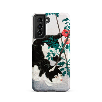 Cat with Tomato Plant - Hiroaki Takahashi Phone Case Samsung Galaxy S21 / Matte Black White Cat Phone Case Detailed Illustration Feline