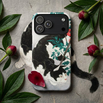 Cat with Tomato Plant - Hiroaki Takahashi Phone Case Black White Cat Illustration Phone Case Detailed Artistic Hiroaki Takahashi Rendering,