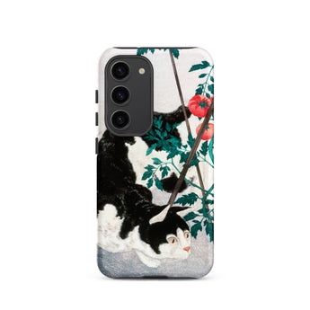 Cat with Tomato Plant - Hiroaki Takahashi Phone Case Samsung Galaxy S23 / Matte Black White Cat-themed Phone Case Detailed Illustration