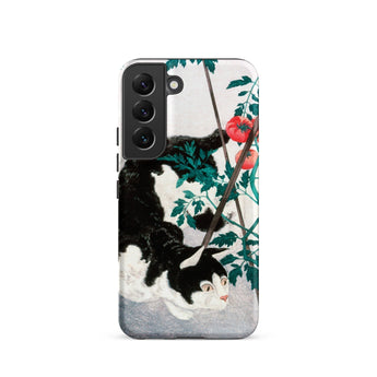 Cat with Tomato Plant - Hiroaki Takahashi Phone Case Samsung Galaxy S22 / Matte Black White Cat-themed Phone Case Playful Illustration