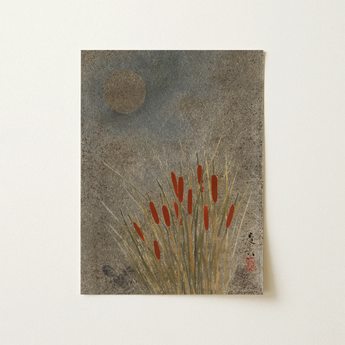 Minimalist Japanese-style Painting Tall Slender Reeds Vibrant Red Art Print, Shibata Zeshin’s Cat, Tails, Zeshin