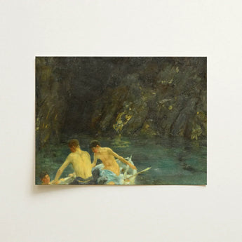 The Cavern - Henry Scott Tuke Art Print / Canvas Rectangular Classical Oil Painting Two Shirtless, Seals Sun-bronzed, Torsos, Oar’s Pale