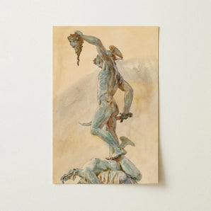 Cellini’s Perseus - John Singer Sargent Art Print / Canvas Watercolor Painting Muscular Winged Figure Dynamic Pose Severed, Bronze Sheen