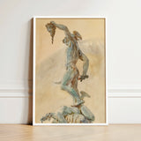 Framed Watercolor Painting Muscular Nude Male Figure Dynamic John Singer Sargent, Art Print, Bronze Sheen