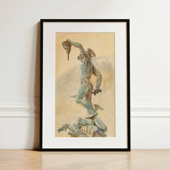 Cellini’s Perseus - John Singer Sargent Art Print / Canvas Framed Watercolor Painting Dynamic Muscular Figure Greenish-blue Tones, Bronze