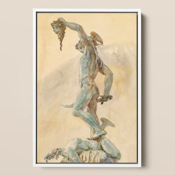 Cellini’s Perseus - John Singer Sargent Art Print / Canvas Watercolor Painting White Frame Mythological Figure Heracles Rendered, Bronze
