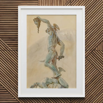 Cellini’s Perseus - John Singer Sargent Art Print / Canvas White Framed Artwork Classical Statue Man Flowers, Bronze Sheen Prints