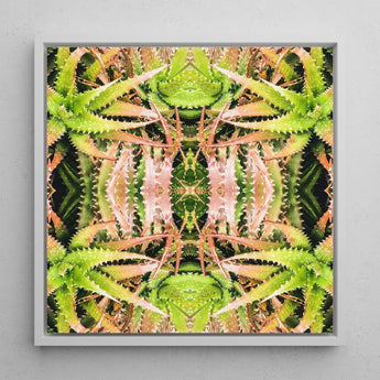 Center Stage - Trippy Cactus Art Print / Canvas Framed Square Artwork Symmetrical Kaleidoscopic Pattern Green Pinkish-aqua Succulent,