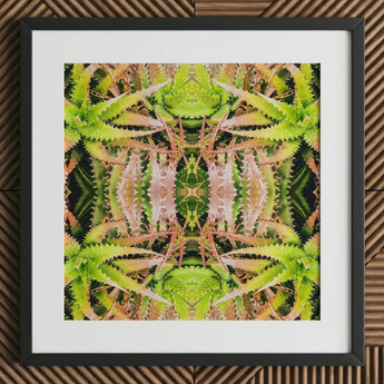 Center Stage - Trippy Cactus Art Print / Canvas Framed Symmetrical Kaleidoscopic Green Pinkish Aloe Vera Succulent, Botanical Surrealism