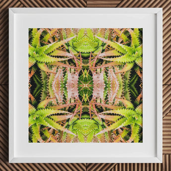 Center Stage - Trippy Cactus Art Print / Canvas White-framed Artwork Symmetrical Kaleidoscopic Pattern Green Pinkish Spiky Succulent,
