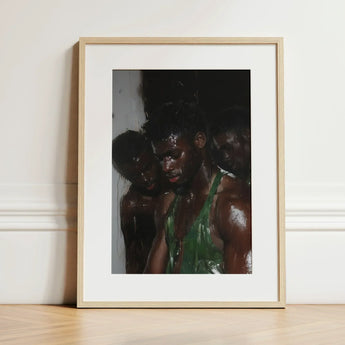 Centerfold - Gay Black Lovers Art Print / Canvas Framed Photograph Light Wood Frame White Three Dark-skinned Beneath Museum-grade Varnish,