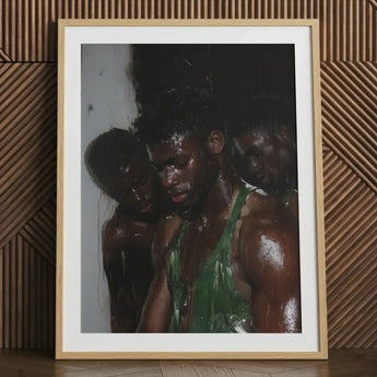 Centerfold - Gay Black Lovers Art Print / Canvas Framed Photograph Three Muscular Men Wet Skin Green Beneath Museum-grade Varnish, Lids