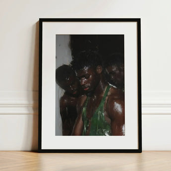 Centerfold - Gay Black Lovers Art Print / Canvas Black-framed White Mat Three Dark-skinned Men Beneath Museum-grade Varnish, Lids Heavy