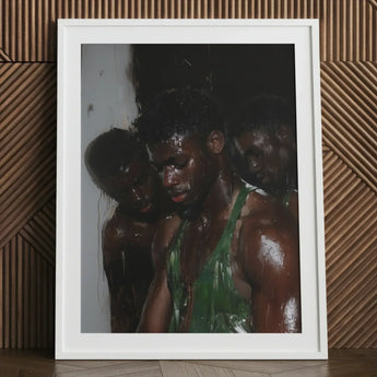 Centerfold - Gay Black Lovers Art Print / Canvas White-framed Three Muscular Men Wet Skin Beneath Museum-grade Varnish, Lids Heavy Prints