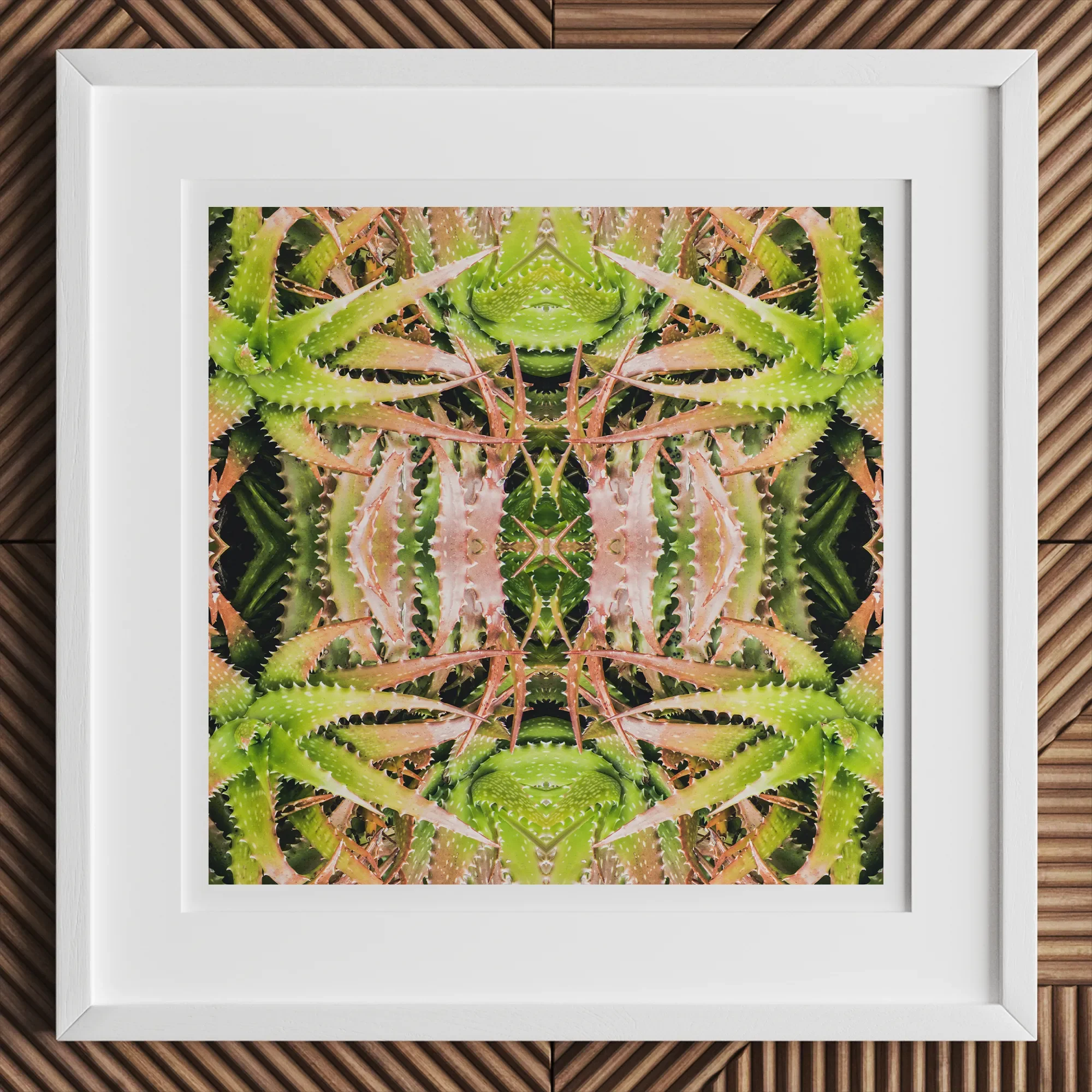 Centre Stage - Trippy Cactus Art Print, 12x12’’ / 31x31cm / White Frame / 2’’ Matboard, Framed Abstract Art Print Spiky Green Pink Succulent