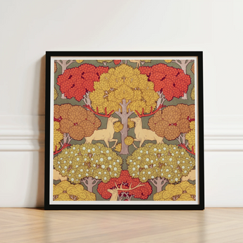 Framed Art Print Stylized Deer Trees Autumnal Hues Maurice Pillard Verneuil, Nouveau, Verneuil’s Sylvan Reverie