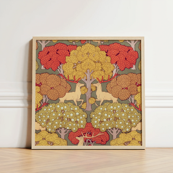 Square-framed Artwork Stylized Autumn Trees Red Yellow Brown Maurice Pillard Verneuil, Art Nouveau Print, Verneuil’s Sylvan Reverie