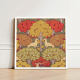 Framed Art Print Stylized Deer Trees Autumnal Hues Maurice Pillard Verneuil, Nouveau, Verneuil’s Sylvan Reverie
