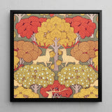 Cerfs et Arbres - Maurice Pillard Verneuil Art Print / Canvas Framed Artwork Stylized Deer Autumn Trees Vibrant Red Maurice Pillard