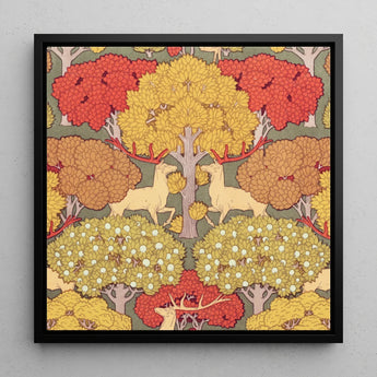 Cerfs et Arbres - Maurice Pillard Verneuil Art Print / Canvas Framed Artwork Stylized Deer Autumn Trees Vibrant Red, Nouveau, Verneuil’s