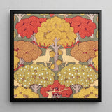 Cerfs et Arbres - Maurice Pillard Verneuil Art Print / Canvas Framed Artwork Stylized Deer Autumn Trees Vibrant Red, Nouveau, Verneuil’s