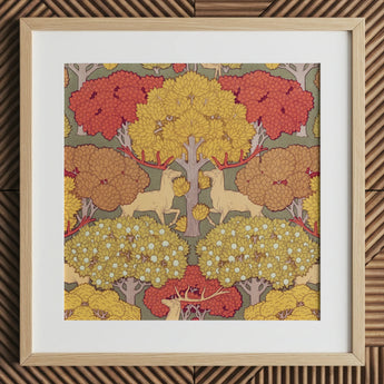 Cerfs et Arbres - Maurice Pillard Verneuil Art Print / Canvas Square-framed Artwork Stylized Autumn Forest Scene Deer Trees, Nouveau,