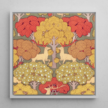 Cerfs et Arbres - Maurice Pillard Verneuil Art Print / Canvas Square-framed Artwork Stylized Deer Autumn Trees Vibrant Red Maurice Pillard