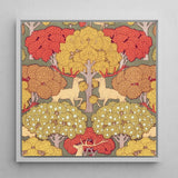 Cerfs et Arbres - Maurice Pillard Verneuil Art Print / Canvas Square-framed Artwork Stylized Deer Autumn Trees Vibrant Red, Nouveau,