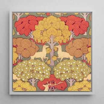 Cerfs et Arbres - Maurice Pillard Verneuil Art Print / Canvas Square-framed Artwork Stylized Deer Autumn Trees Vibrant Red, Nouveau,