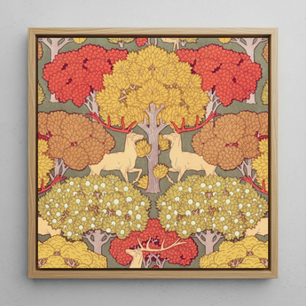 Cerfs et Arbres - Maurice Pillard Verneuil Art Print / Canvas Square-framed Artwork Stylized Deer Autumn Trees Vibrant Red Maurice Pillard