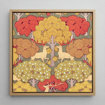 Cerfs et Arbres - Maurice Pillard Verneuil Art Print / Canvas Square-framed Artwork Stylized Deer Autumn Trees Vibrant Red, Nouveau,