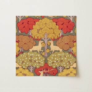 Cerfs et Arbres - Maurice Pillard Verneuil Art Print / Canvas Square Canvas Print Stylized Deer Autumn Trees Red Maurice Pillard Verneuil,