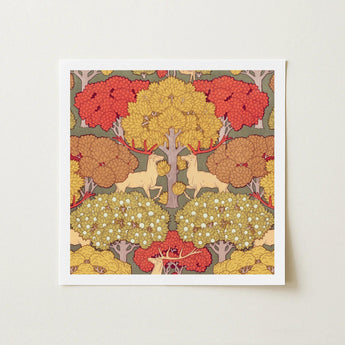 Cerfs et Arbres - Maurice Pillard Verneuil Art Print / Canvas Square-framed Stylized Autumn Forest Red Yellow, Nouveau, Verneuil’s Sylvan