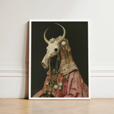 Framed Artwork White Bull Skull Adorned Ornate Patterned Pagan Priest Art, Looms, Dimly Lit Otherworldly Space