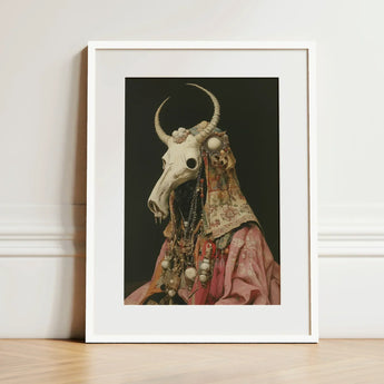Cernunnos - Pagan Priest Art Print / Canvas Framed White Bull Skull Adorned Ornate, Looms, Dimly Lit Otherworldly Space Prints