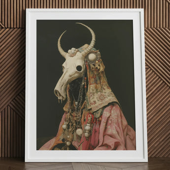Cernunnos - Pagan Priest Art Print / Canvas White Framed Bull Skull Ornate Jewelry, Looms, Dimly Lit Otherworldly Space Prints