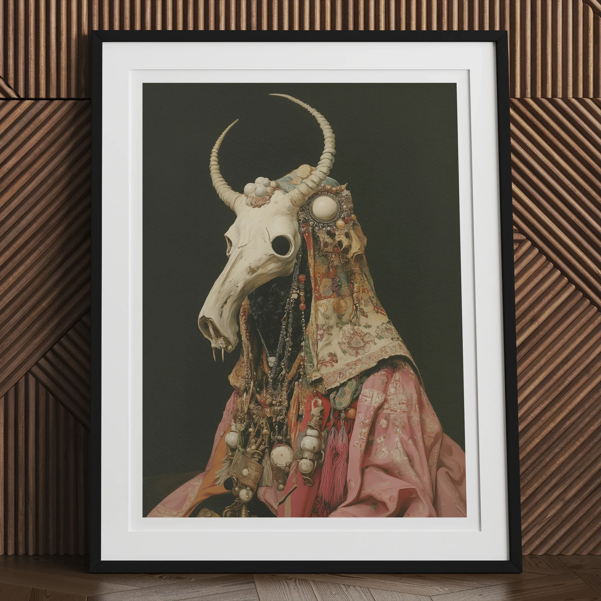 Cernunnos Pagan Priest Art Print, Framed Artwork Animal Skull Adorned Ornate Fabrics Jewelry