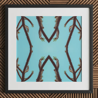 Chain Reaction - Trippy Succulent Art Print / Canvas Black-framed Artwork Symmetrical Pattern Dark Brown Spiky Cactus, Psychedelic Desert