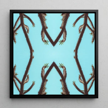 Chain Reaction - Trippy Succulent Art Print / Canvas Black-framed Square Symmetrical Stylized Pattern Dark Cactus, Psychedelic Desert