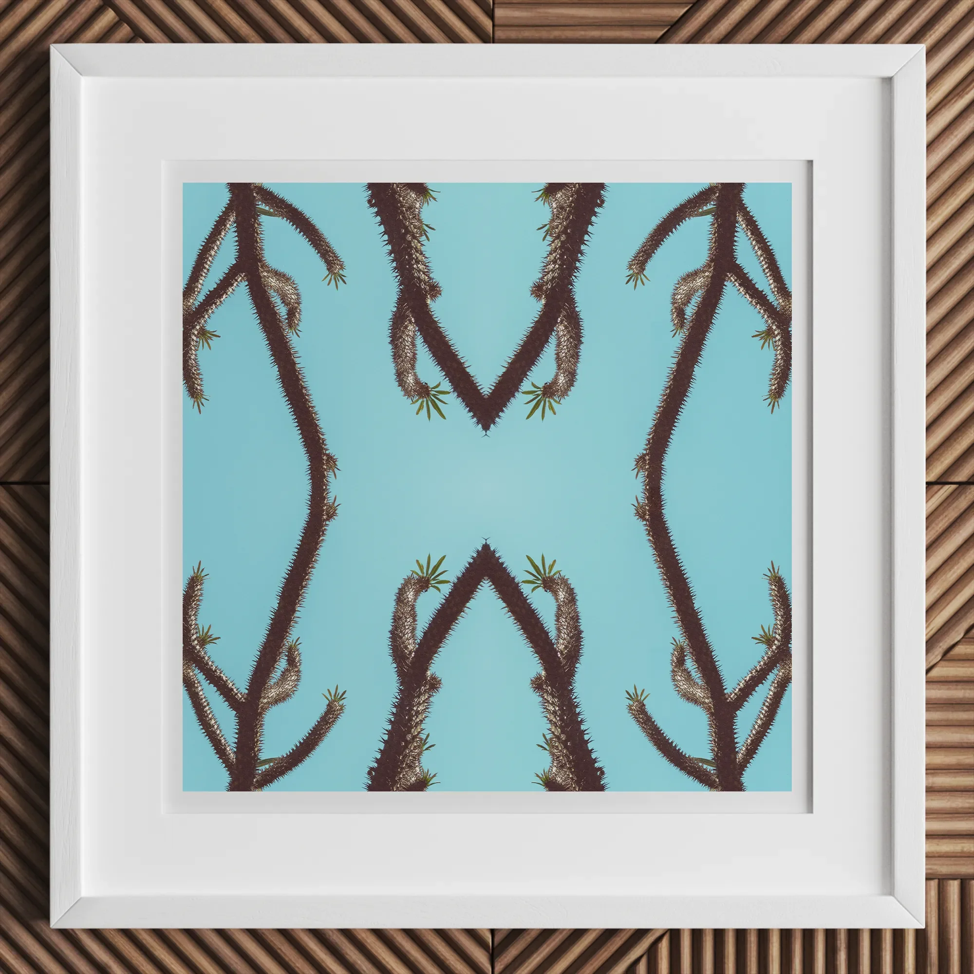 Chain Reaction Trippy Succulent Art Print, Framed Artwork Symmetrical Pattern Brown Cactus Like Shapes Light