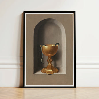 Golden Chalice Ornate Base Dark Green Snake Coiled Hans Memling’s, Memling Art