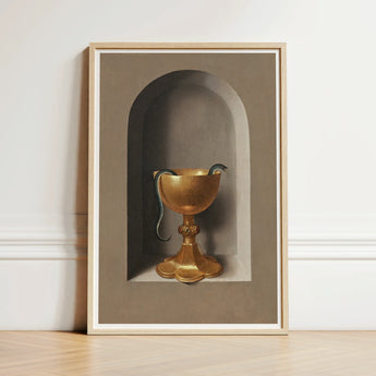 Golden Chalice Serpent Coiled Rim Depicted Ornate Arched Hans Memling’s, Memling Art